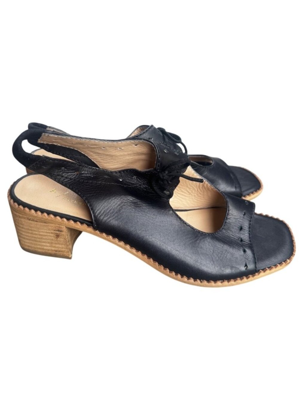 Anthropologie Black Leather Lace-Up Slingback Block Heel Sandals Size 9 EU 39